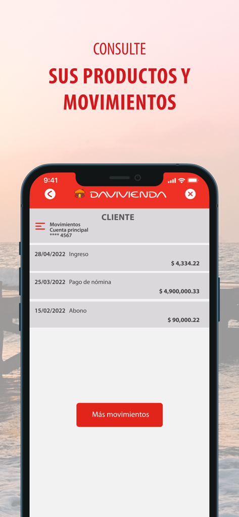 Davivienda El Salvador - Pantalla móvil de la app Davivienda El Salvador mostrando una lista de transacciones y movimientos de cuenta bancaria.