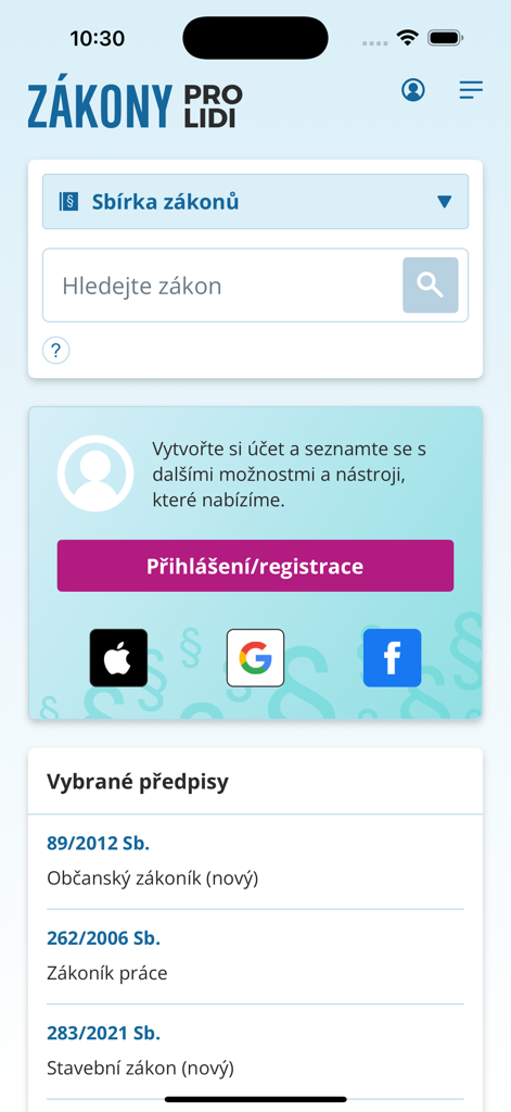 Zákony pro lidi - チェコ法規の検索バーと主要な法典リストを表示するZakony pro lidiのモバイルアプリインターフェース。