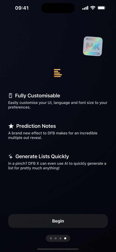 DFB X (Digital Force Bag X) - A feature highlight screen for DFB X showing customization, prediction notes, and AI list generation options.