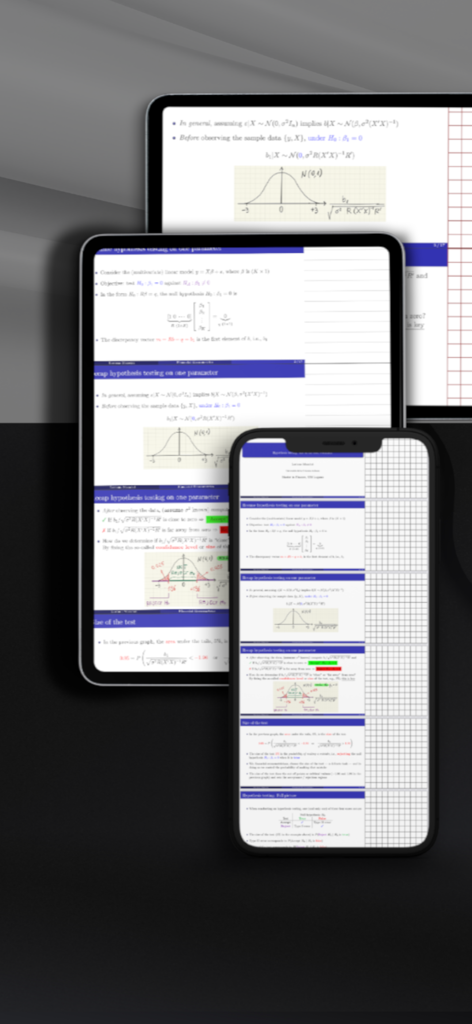Notable PDF - Notable PDF app showing academic documents with side grid margins for notes on tablet and phone