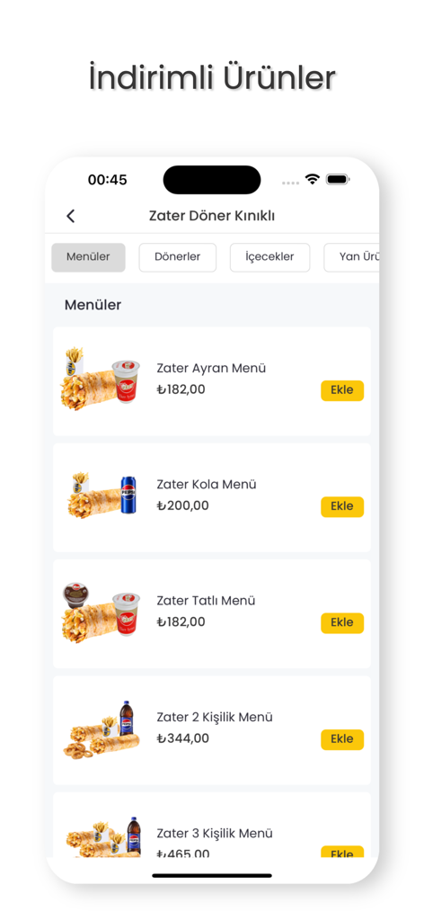 ZaterApp - ZaterApp mobile interface showing discounted doner kebab menu options with prices