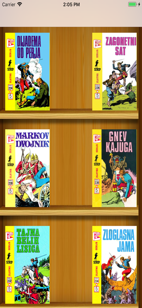 Digital bookshelf displaying vintage Komandant Mark comic covers