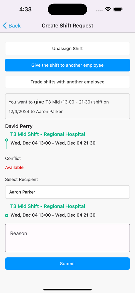 Interface for creating a shift giveaway request in the StaffReady app