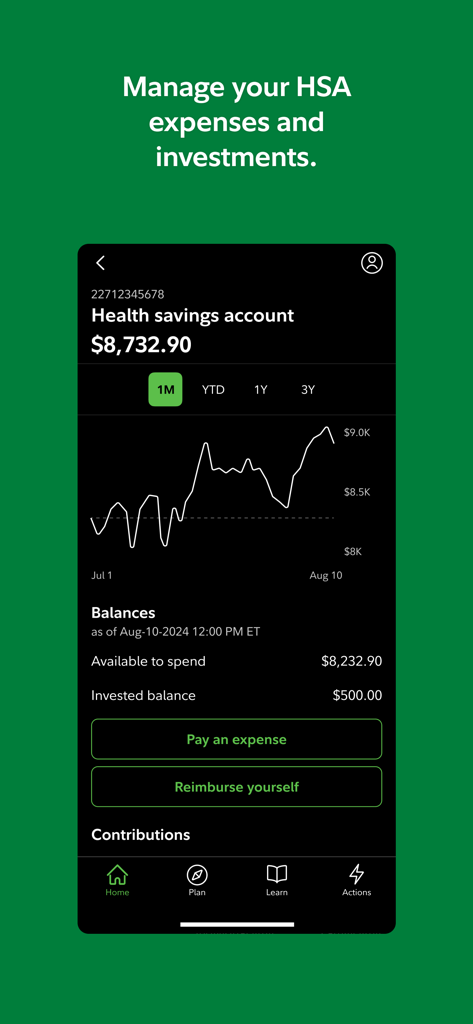 NetBenefits - Interfaccia dell'app NetBenefits che visualizza il saldo di un conto di risparmio sanitario e un grafico degli investimenti