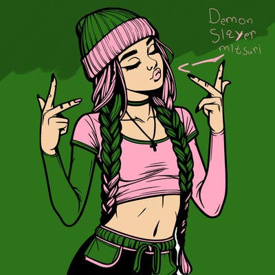 realistic teenage girl with braids and a beanie and crop top doing 🫶🏼