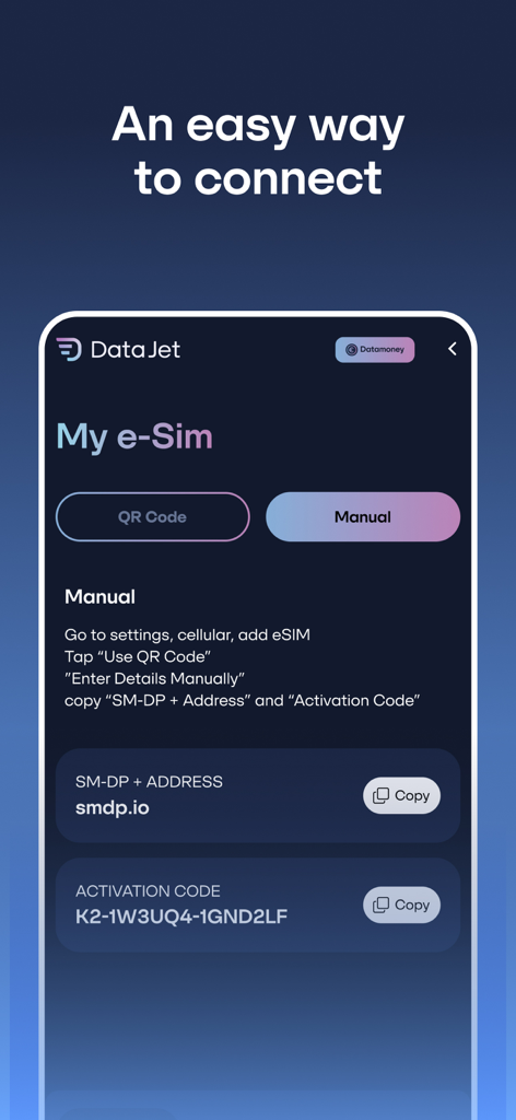 DataJet eSIM Travel & Internet - DataJetアプリのマニュアルeSIMアクティベーション画面。手順とセットアップコードを表示。