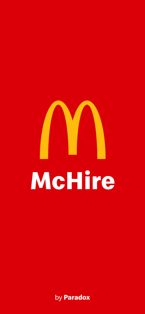 McHire - Écran d'accueil de l'application de recrutement McHire présentant le logo des arches dorées de McDonald's et la marque Paradox sur fond rouge