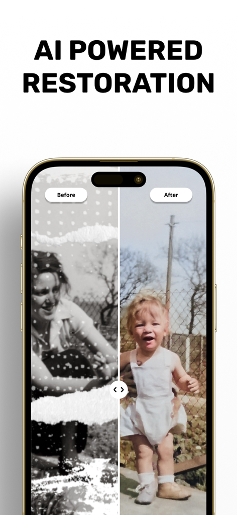 Comparación del antes y después de una foto antigua dañada restaurada con Goru AI