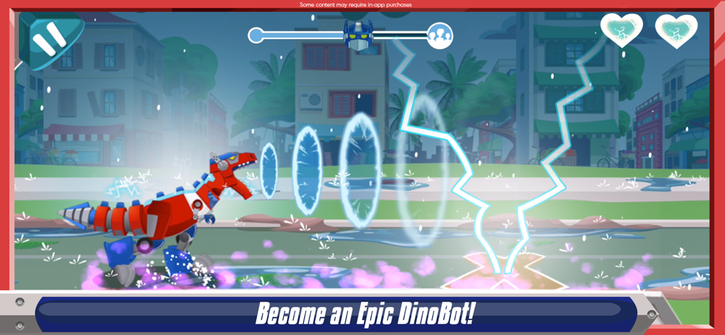 Transformers Rescue Bots: Dash - Optimus Prime in his red and blue DinoBot form using a sonic roar power in a city street level