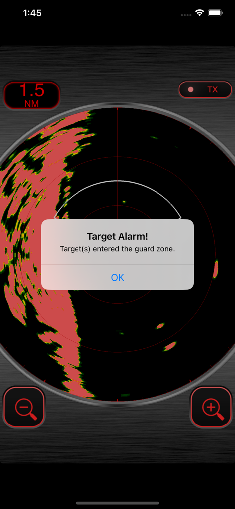 Pantalla de la aplicación Radar Marino que muestra una alerta de alarma de objetivo y detección de zona de guardia