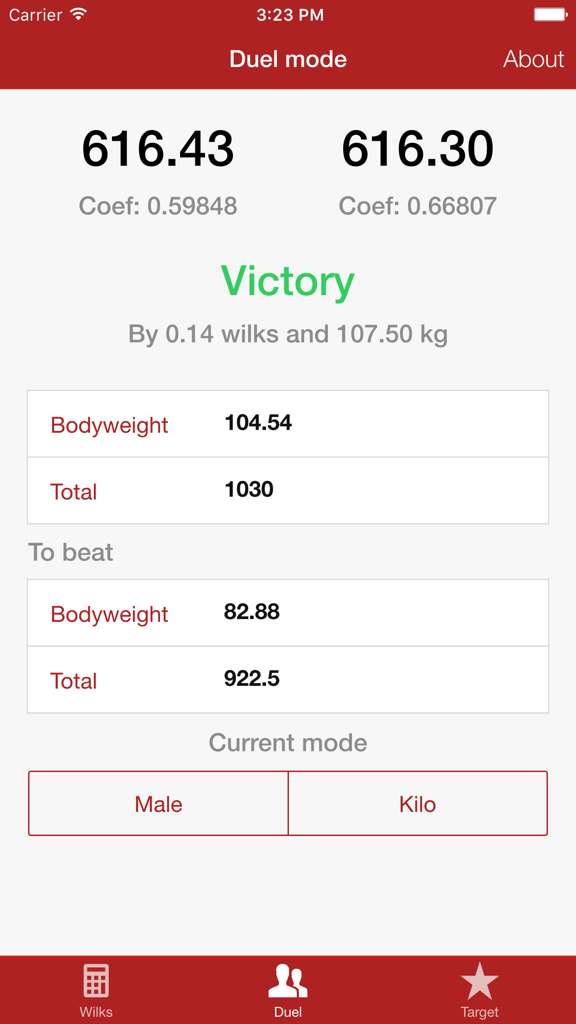 Wilks Calculator Powerlifting - Duel mode in the Wilks Calculator Powerlifting app showing a comparison between two lifters