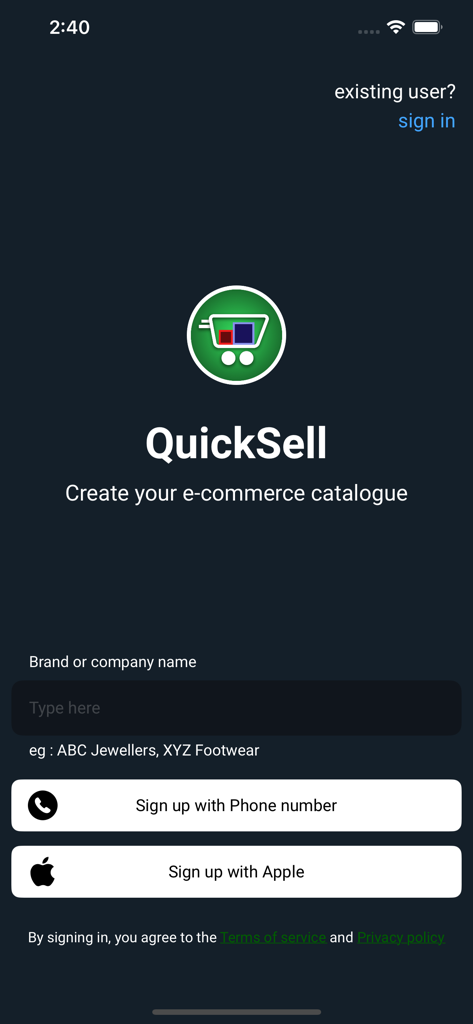 Pantalla de registro de la aplicación QuickSell para crear catálogos de comercio electrónico digitales