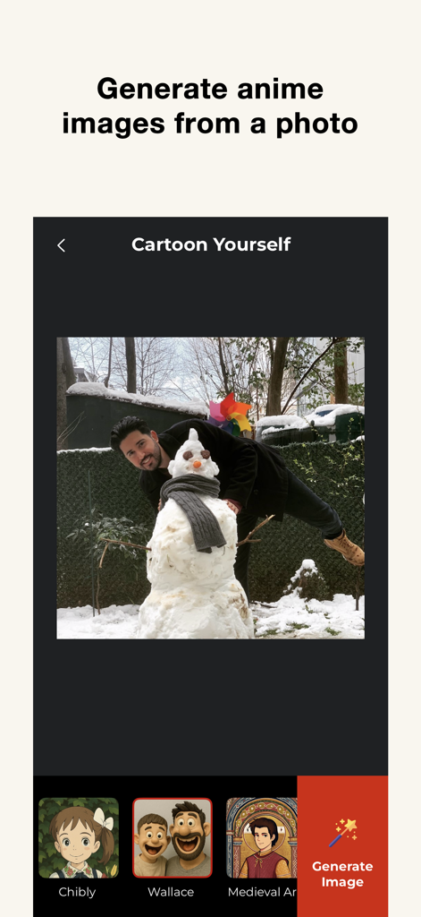 Cartoon Yourself: AI Photo - 写真をアニメやカートゥーンスタイルに変換するオプションを備えた、Cartoon Yourself AIツールを示すモバイルアプリケーションインターフェイス。
