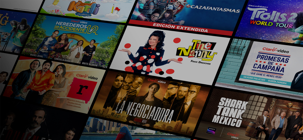 Claro video - The NannyやShark Tank Mexicoなどのタイトルを含む、クラロビデオで利用可能な映画やテレビ番組のサムネイルのモザイク
