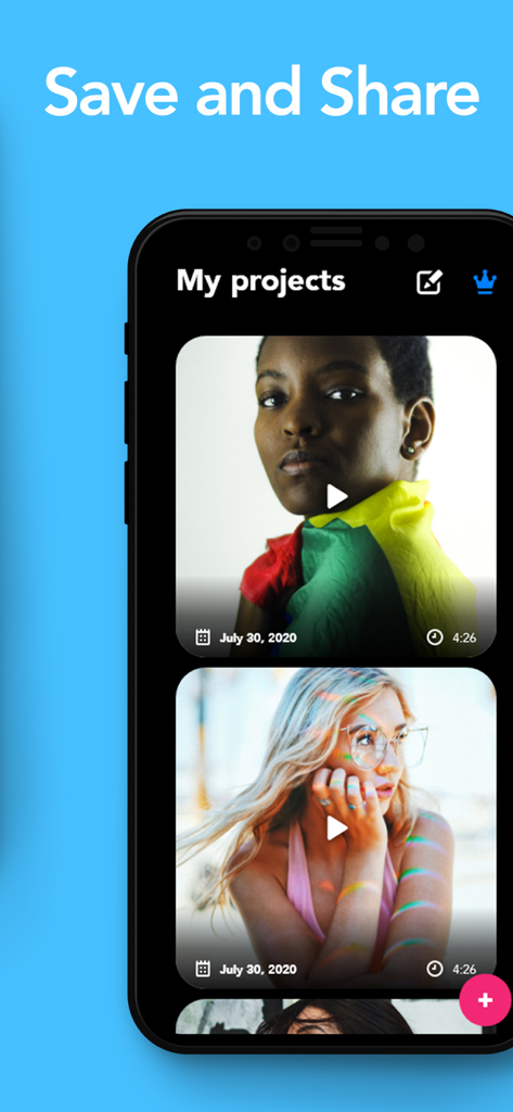 MovieMaker: Make Movies - ビデオのサムネイルと「保存・共有」テキストが表示されたMovieMakerアプリのプロジェクトライブラリを表示するスマートフォンの画面