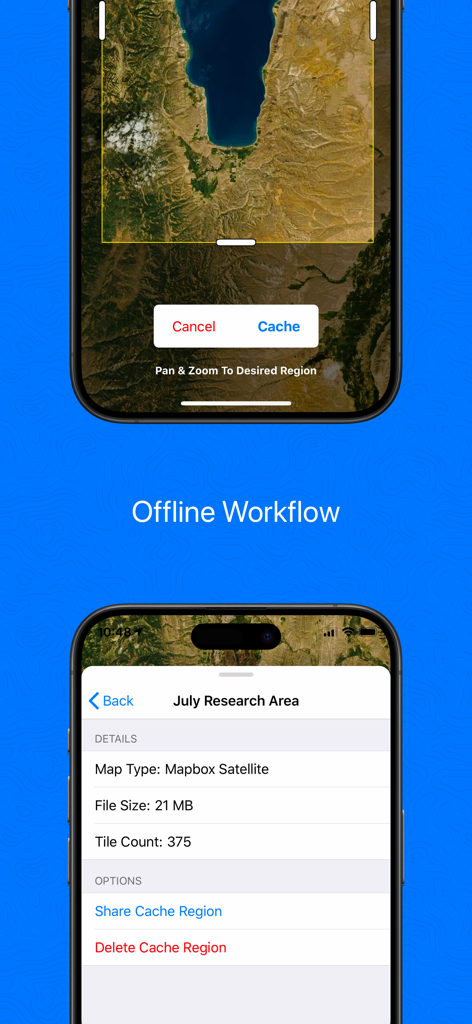 Touch GIS mobile app screens showing the offline map caching process and satellite region data for field professionals