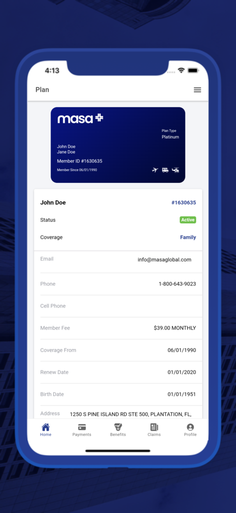 MASA Global - The MASA Global app displaying a digital membership card and family plan details