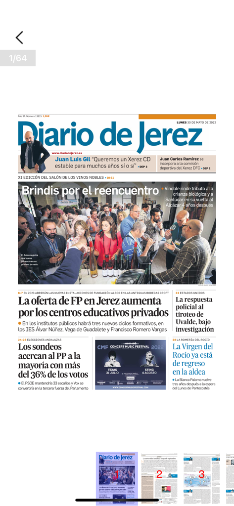 Diario de Jerez - Página principal do aplicativo de notícias Diario de Jerez mostrando manchetes e fotos locais