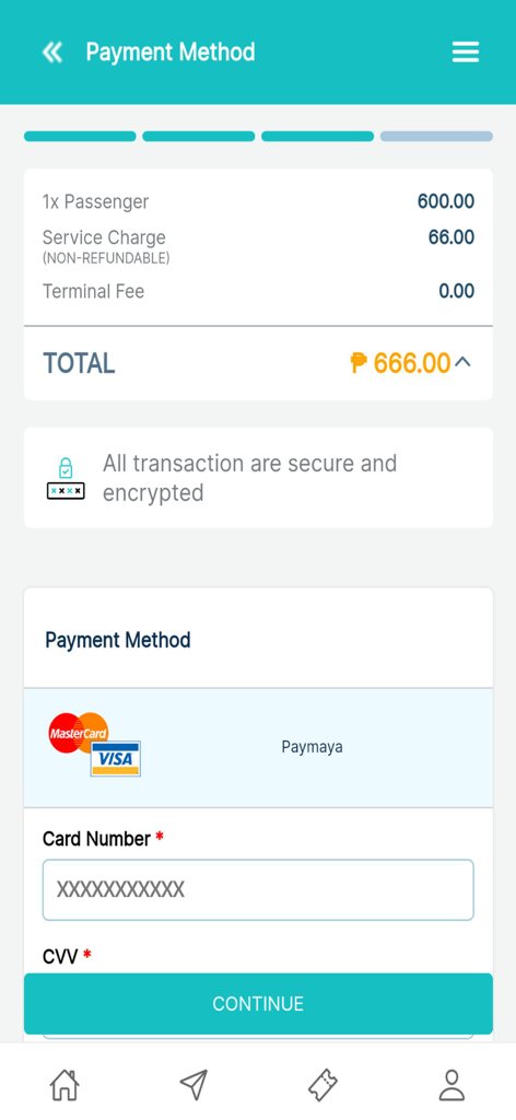 BARKOTA Ticket Booking - Secure payment method screen for BARKOTA ferry ticket booking showing credit card options and total price.