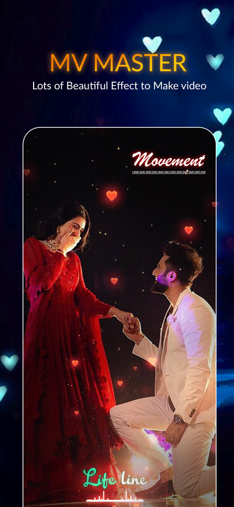 MV Master Video Maker - A romantic proposal photo being edited into a video status with heart particles and lyrical text overlays.