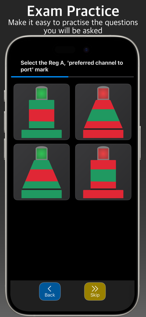 Smartphone screen showing an exam practice module where a user must identify the correct maritime buoy mark for a preferred channel to port.
