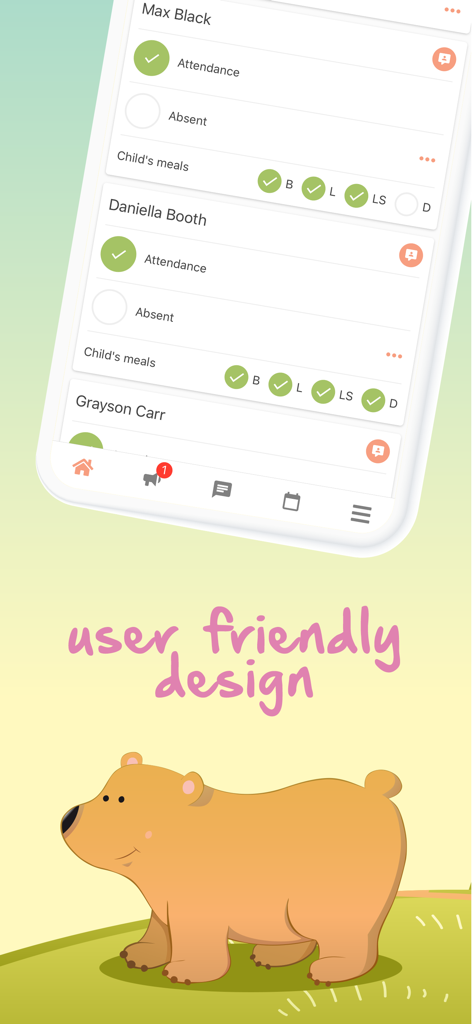 Eliis app interface showing attendance and meal logs for kindergarten students with a friendly bear illustration