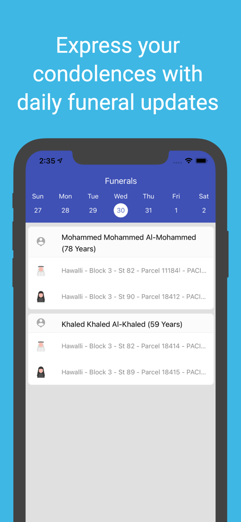 Kuwait Finder - Kuwait Finder app interface showing a list of daily funeral updates including names and locations