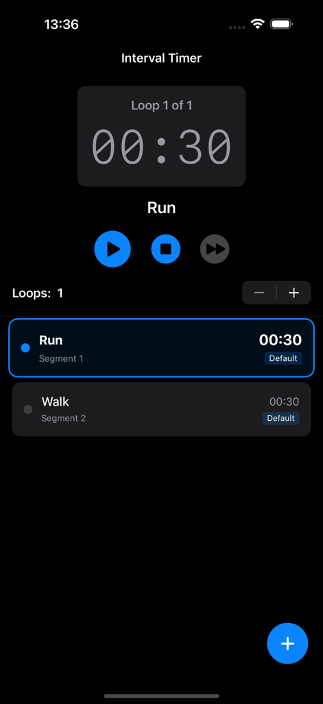 HIIT & Run Interval Timer - HIIT and Run interval timer app showing run and walk segments in dark mode