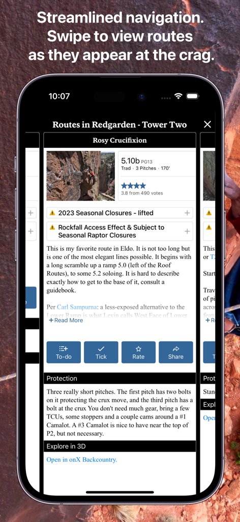 Mountain Project app interface showing climbing route details with difficulty and safety alerts
