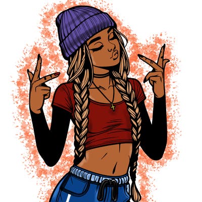 realistic teenage girl with braids and a beanie and crop top doing 🫶🏼
