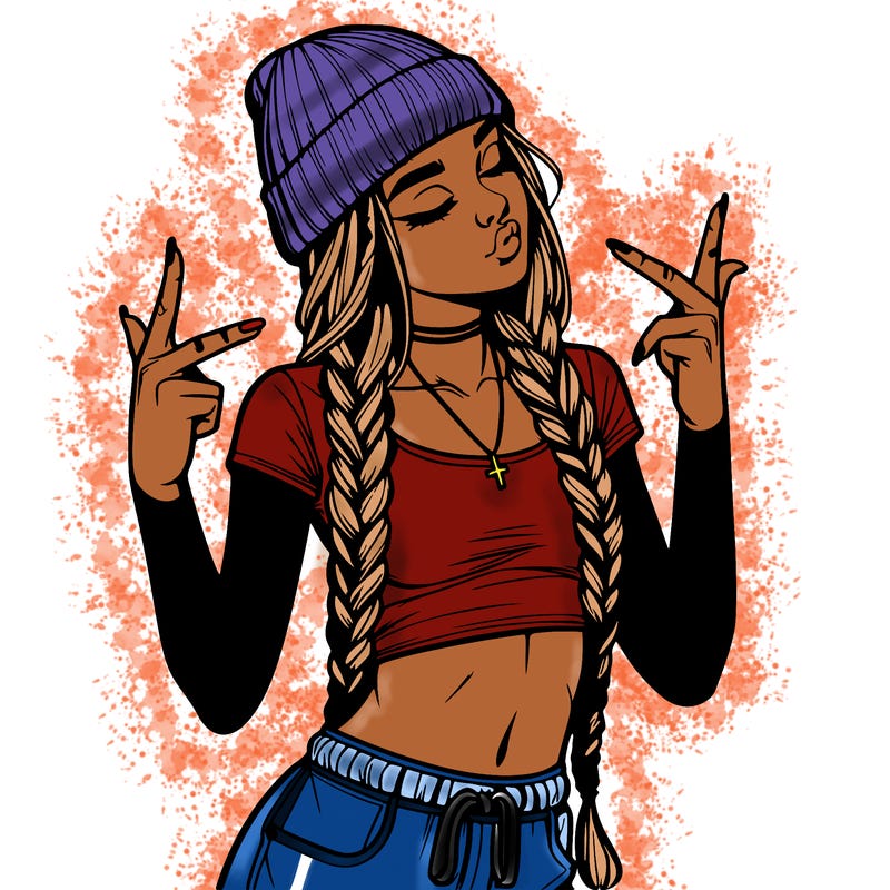 realistic teenage girl with braids and a beanie and crop top doing 🫶🏼