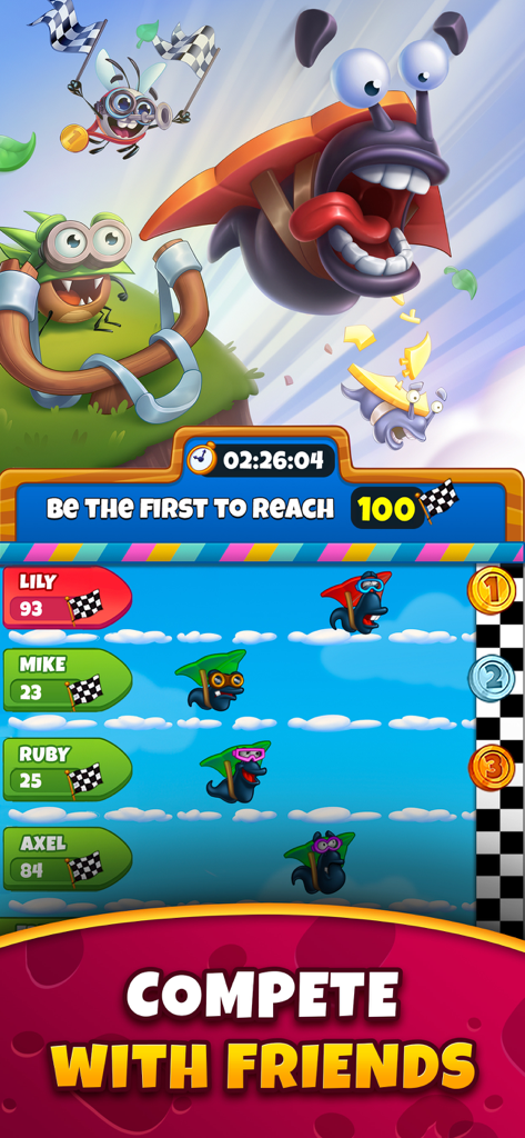 Best Fiends - Match 3 Puzzles - Écran du jeu affichant un classement de compétition de course où les joueurs s'affrontent entre amis pour atteindre un objectif.