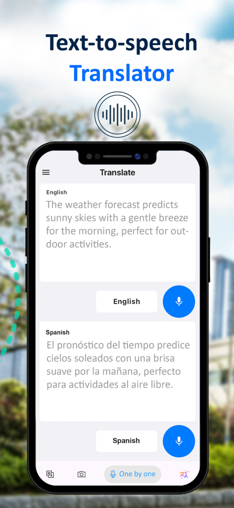 L'application AI translator affichant du texte de l'anglais vers l'espagnol avec la fonctionnalité vocale