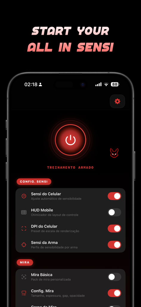 Main interface of the Dark Aura XIT Panel app featuring sensitivity and crosshair configuration options for mobile gaming