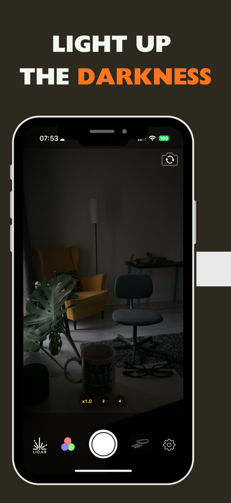 Night Vision - Thermal Camera - Smartphone screen showing a night vision app interface in a dark room with the text light up the darkness