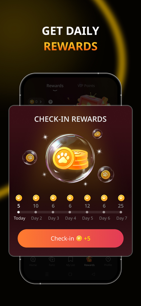 FlickReels app daily check in rewards screen with coin bonuses