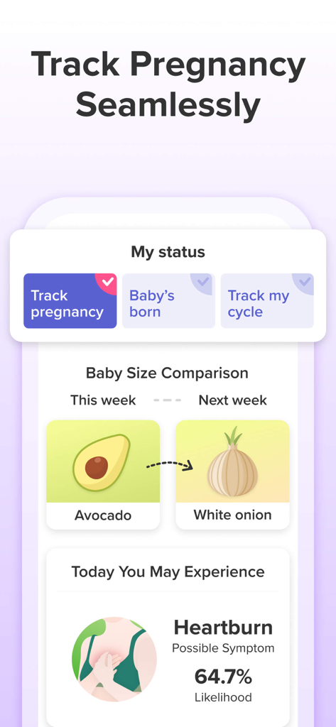 Glow Ovulation & Period App - Glow app screenshot showing pregnancy tracking with baby size comparison and daily symptom likelihood.