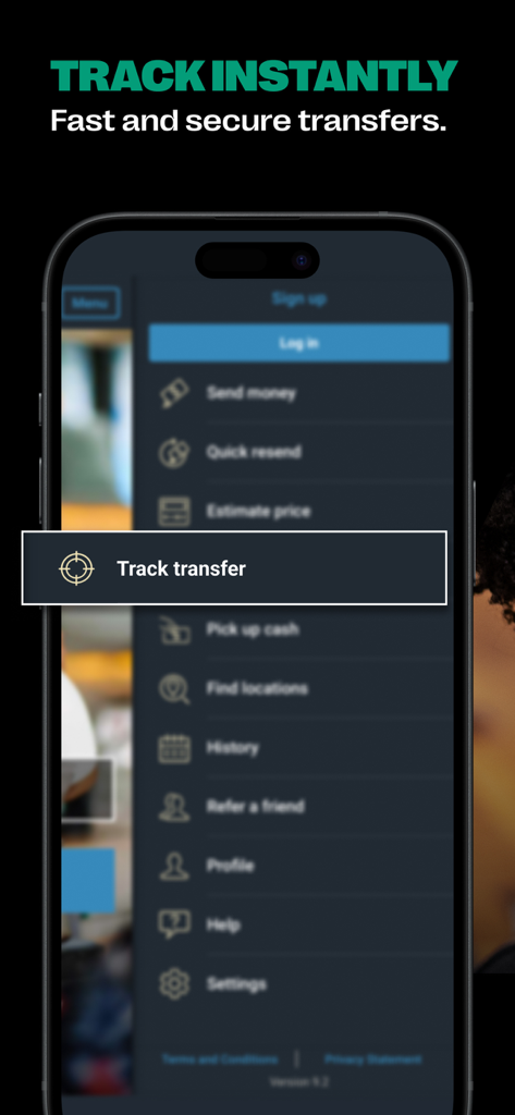 Western Union: Send Money - Western Union app interface highlighting the track transfer menu option for fast and secure money tracking