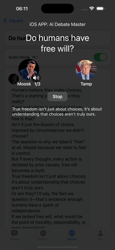 AI Debate Master - AI 토론 마스터 앱의 스크린샷으로 캐릭터 Moosk와 Tamp 간의 자유 의지에 대한 대화형 AI 토론을 특징으로 합니다.