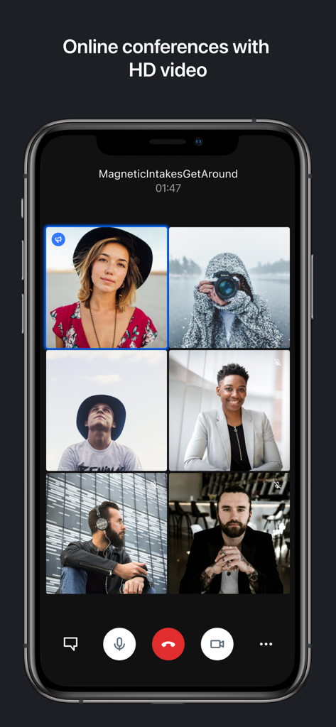 Aplicación móvil Jitsi Meet que muestra una videoconferencia grupal de alta definición con seis participantes.