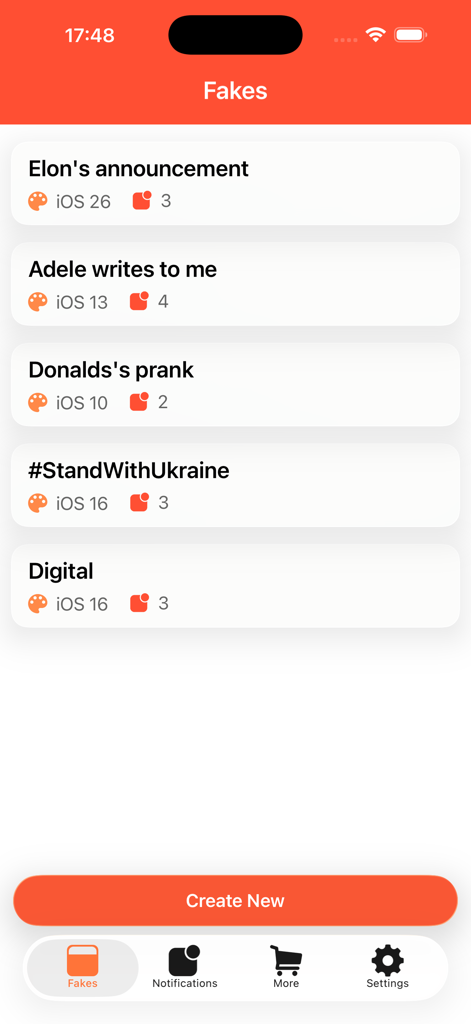 A list of saved fake notification pranks in the Faker app showing various iOS styles