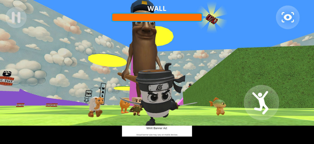 Captura de tela da jogabilidade de um percurso de obstáculos 3D com personagens inspirados em memes e elementos de terror com mascotes