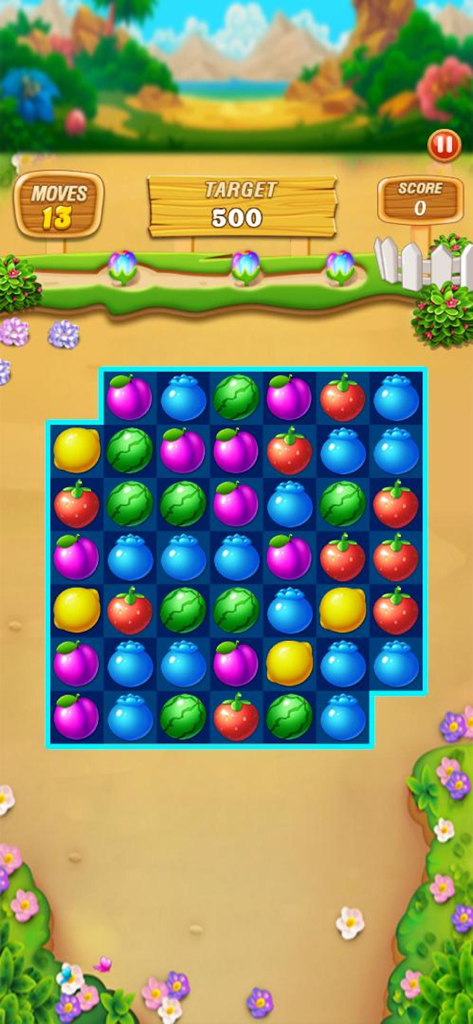 Fruit Frenzy Link Match Puzzle - Gameplay screenshot of Fruit Frenzy Link Match Puzzle showing a grid of colorful fruits in a tropical landscape