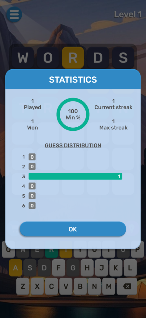 Statistics pop up window in Word Mind app showing win percentage and guess distribution