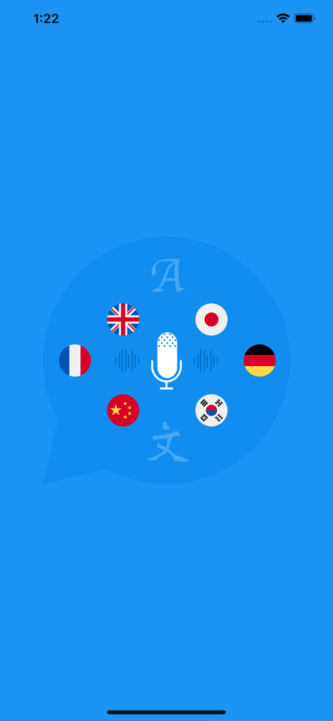 Voice Translation Lite - Splash screen of Voice Translation Lite app featuring a microphone and various country flags inside a speech bubble