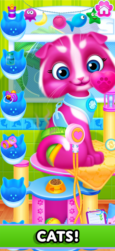 Baby Pet Puppy: Vet Makeover - A pink cartoon kitten in a virtual pet care game showing various grooming and vet tools