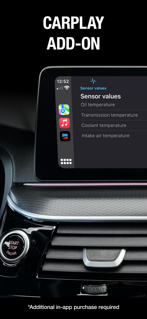 BimmerLink CarPlay add-on displaying real-time vehicle sensor values on a BMW dashboard