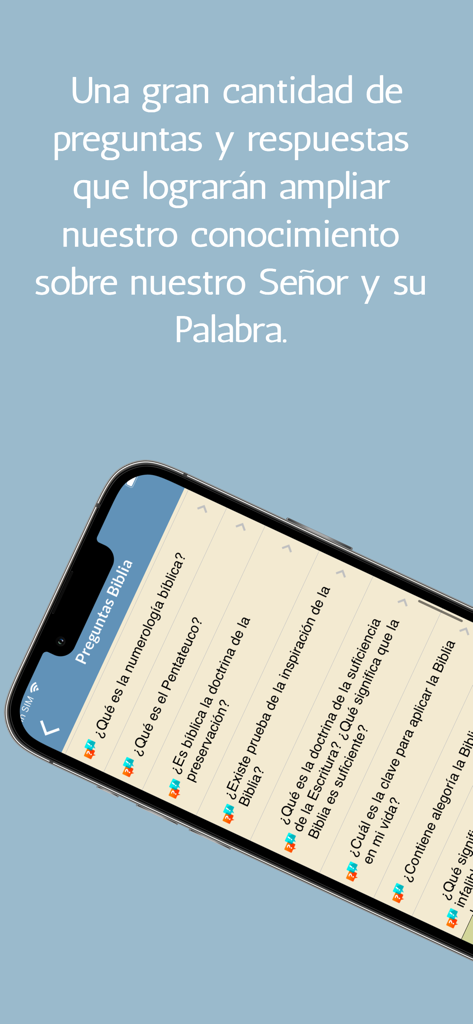 Estudios Bíblicos y Biblia - Interfaz de aplicación móvil en español que muestra una lista de preguntas y respuestas teológicas para el estudio de la Biblia.
