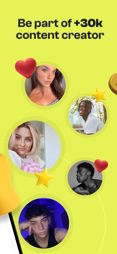 Interfaz de la app mostrando una comunidad de más de treinta mil creadores de contenido