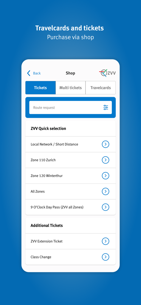 ZVV - Interface do aplicativo ZVV para comprar bilhetes de viagem e bilhetes para o transporte público de Zurique